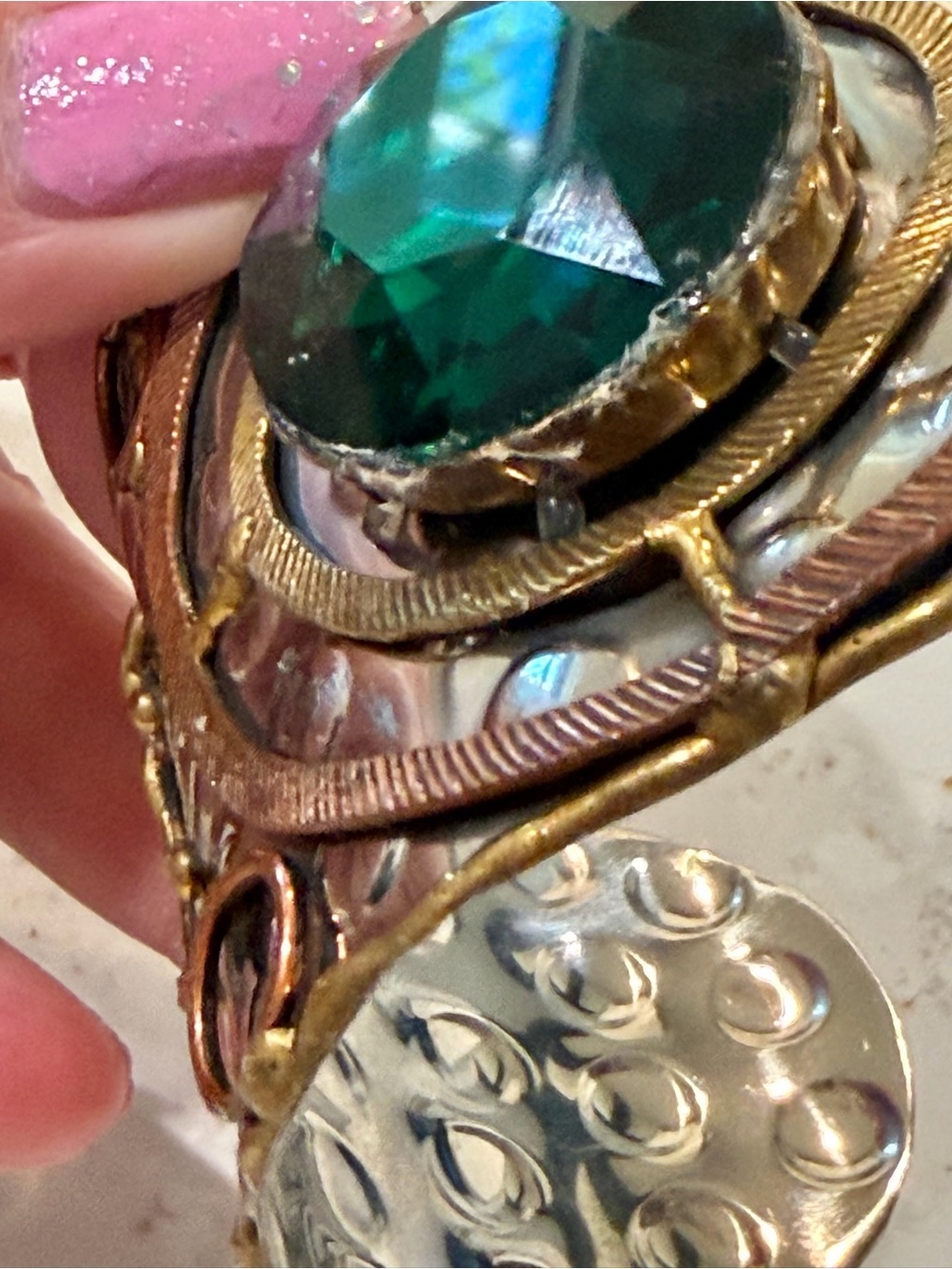 Artisan Mixed Metal Statement Cuff Ringed Medallion Emerald Green Faceted Gem - Picture 7 of 14